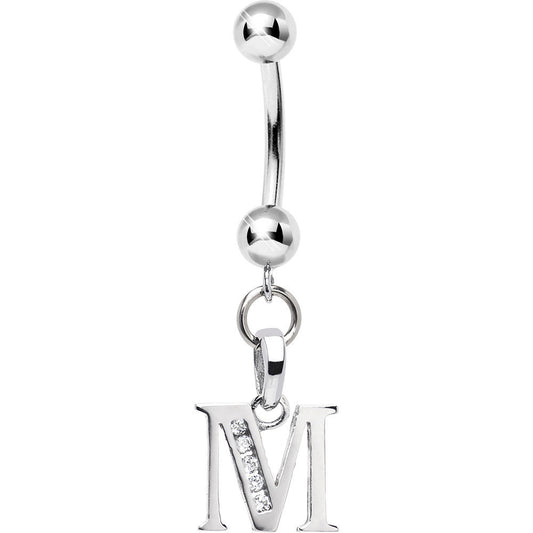 16G Solid 14k White Gold CZ Initial M Belly Ring