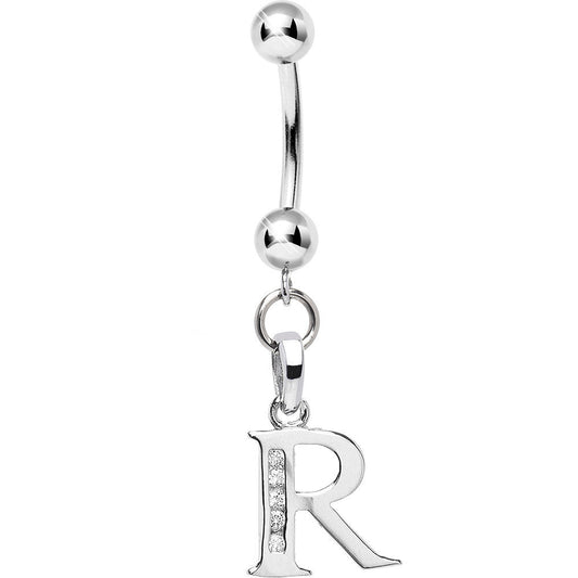 16G Solid 14k White Gold CZ Initial R Belly Ring