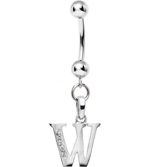 16G Solid 14k White Gold CZ Initial W Belly Ring