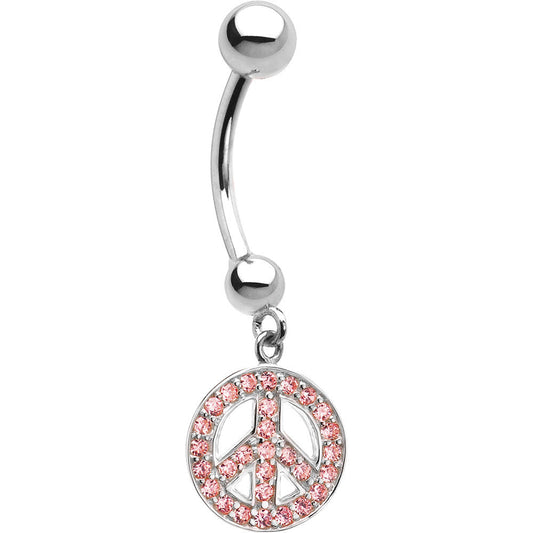 16G 14k White Gold  Pink CZ Peace Sign Belly Ring