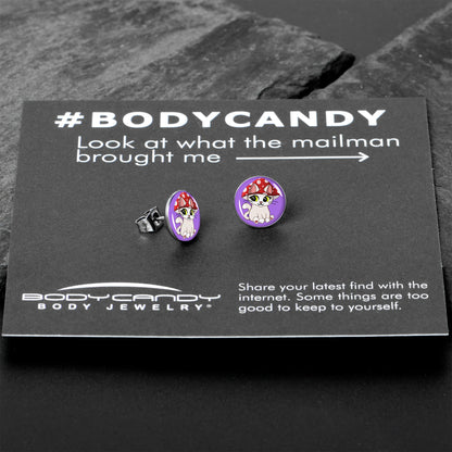 Polka Dot Mushroom Hat Cat Stud Earrings by Onyx O
