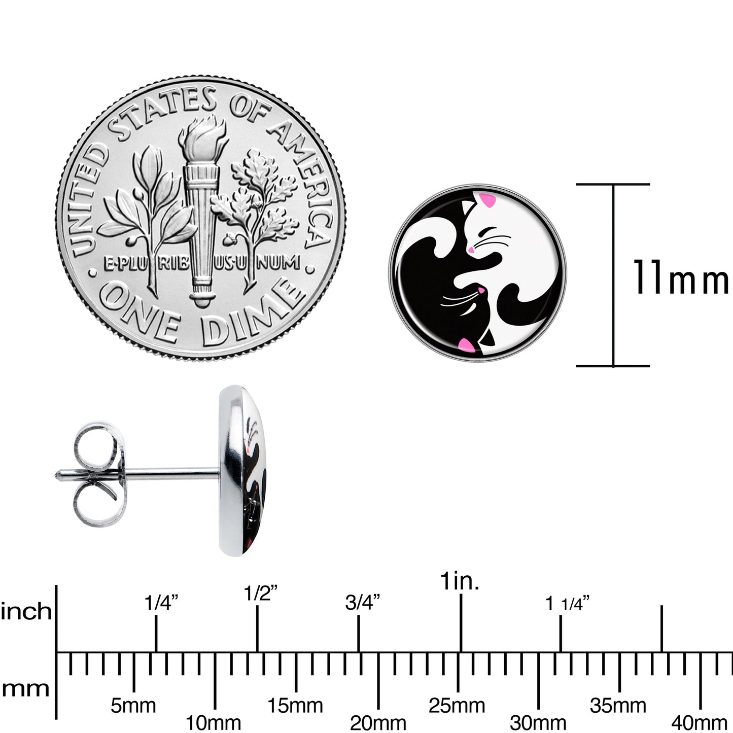 Cute Kitty Cat Yin Yang Stud Earrings by Onyx O