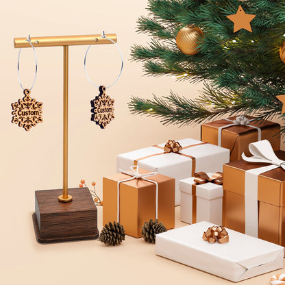Custom Natural Wood Snowflake Personalized Hoop Earrings