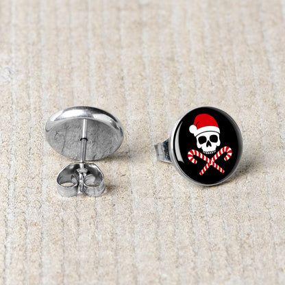 Santa Pirate Candy Cane Skull Stud Earrings by Onyx O