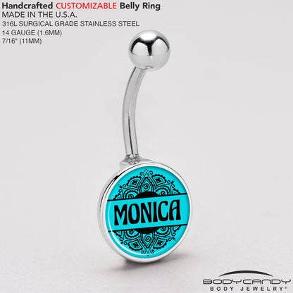 Custom Teal Mandala Personalized Name Belly Ring