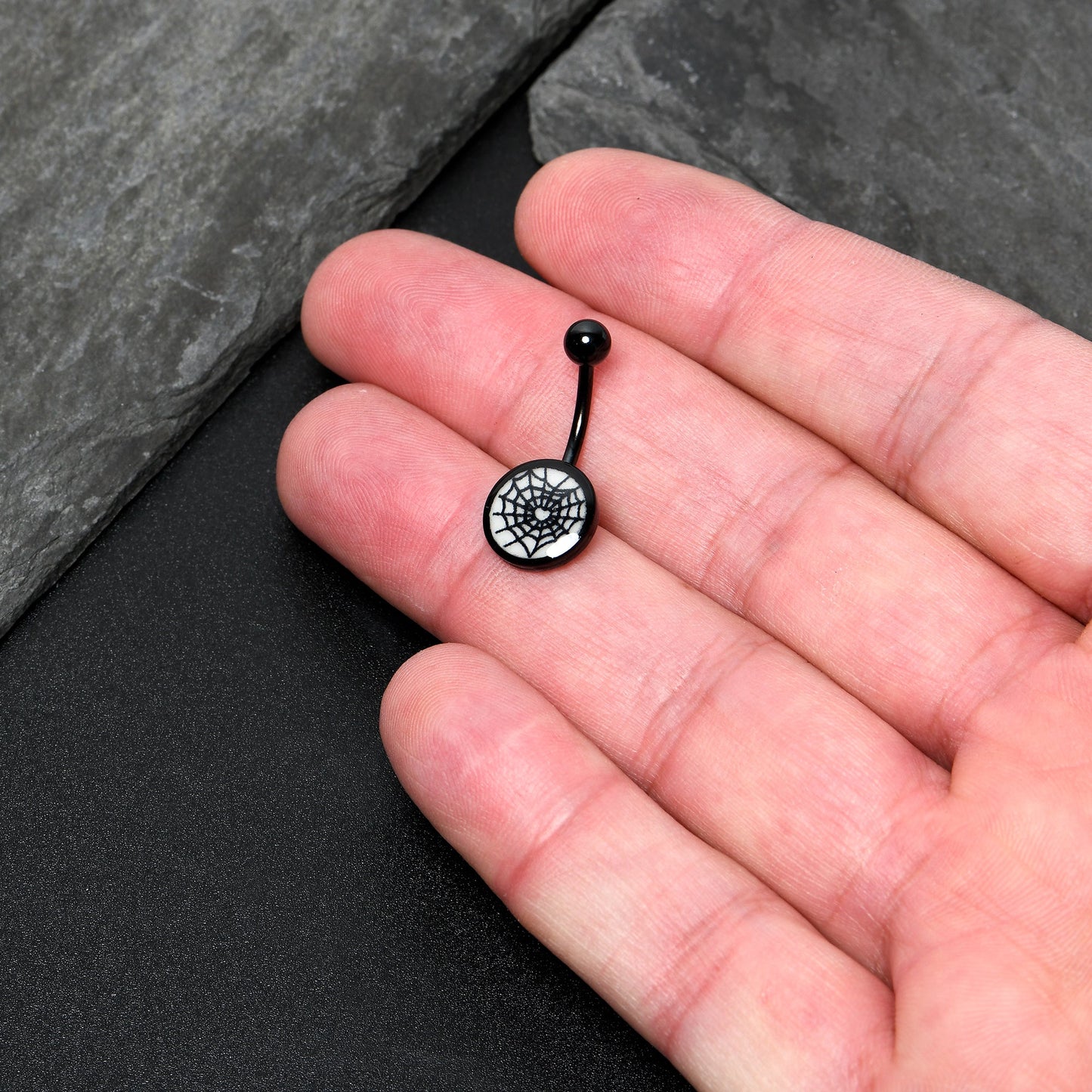 Black Glow in the Dark Heart Spider Web Belly Ring by Onyx O