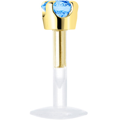 16G 1/4 Solid 14K Yellow Gold 3mm Plexi Blue Cubic Zirconia Bioplast Tragus Earring Stud