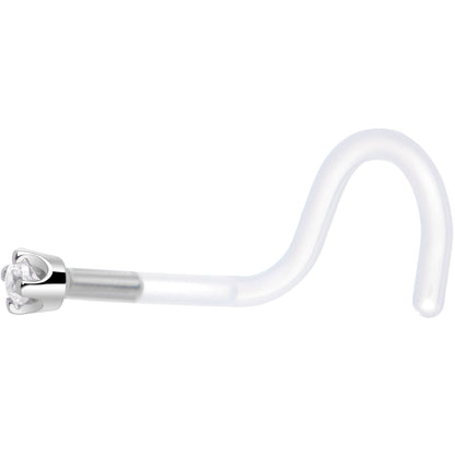 18G 1/4 White Gold 1.5mm Clear Cubic Zirconia Bioplast Nose Ring