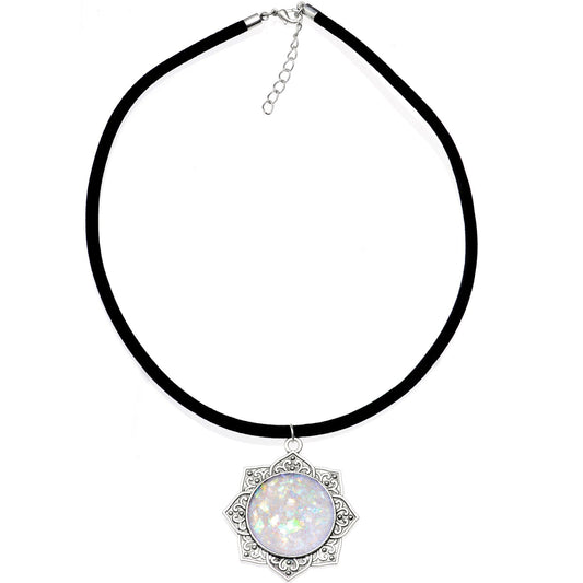 Handcrafted White Faux Opal Lotus Flower Love Velveteen Cord Necklace 16
