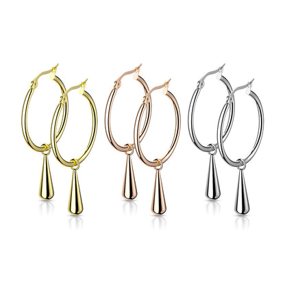 Stainless Steel Hoop Earrings with Teardrop Dangle