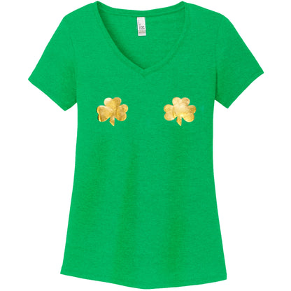 Lucky Gold Shamrocks Green Frost V-Neck Boobies Tee Shirt