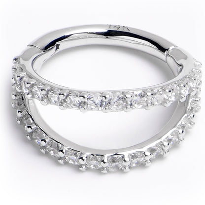 16G 5/16 Solid 14K White Gold Clear CZ Gem Hinged Segment Ring