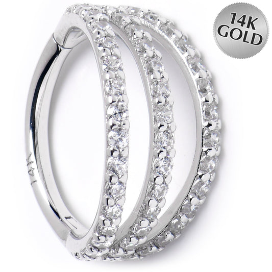 16G 3/8 Solid 14K White Gold Clear CZ Gem Row Hinged Segment Ring
