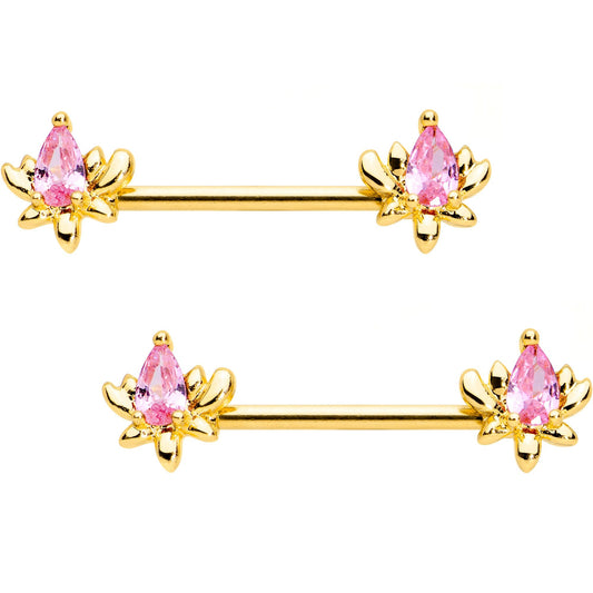 Pink Gem Gold Tone Anodized Fiery Flame Barbell Nipple Ring Set