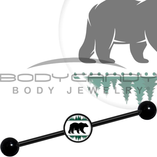 14G Winter Polar Bear in Woods Black Industrial Barbell 37mm
