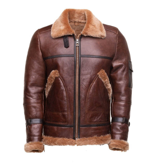 Handmade Esa Brown Bomber Sheepskin Faux Shearling Jacket With Large Pockets