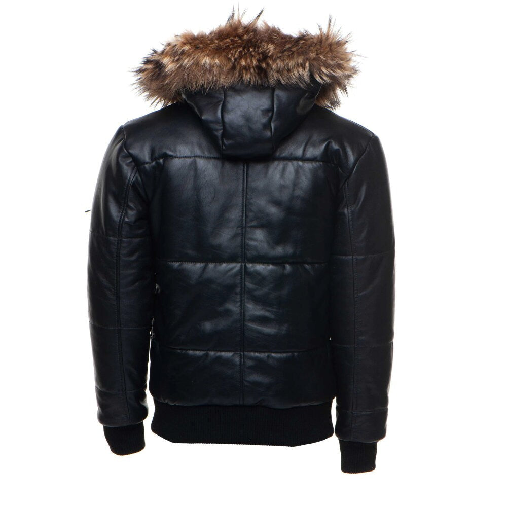 Handmade Traynor's Puffer Winter Leather Jacket With Ribbed Cuffs And Waist And Fur Trim Hoodie