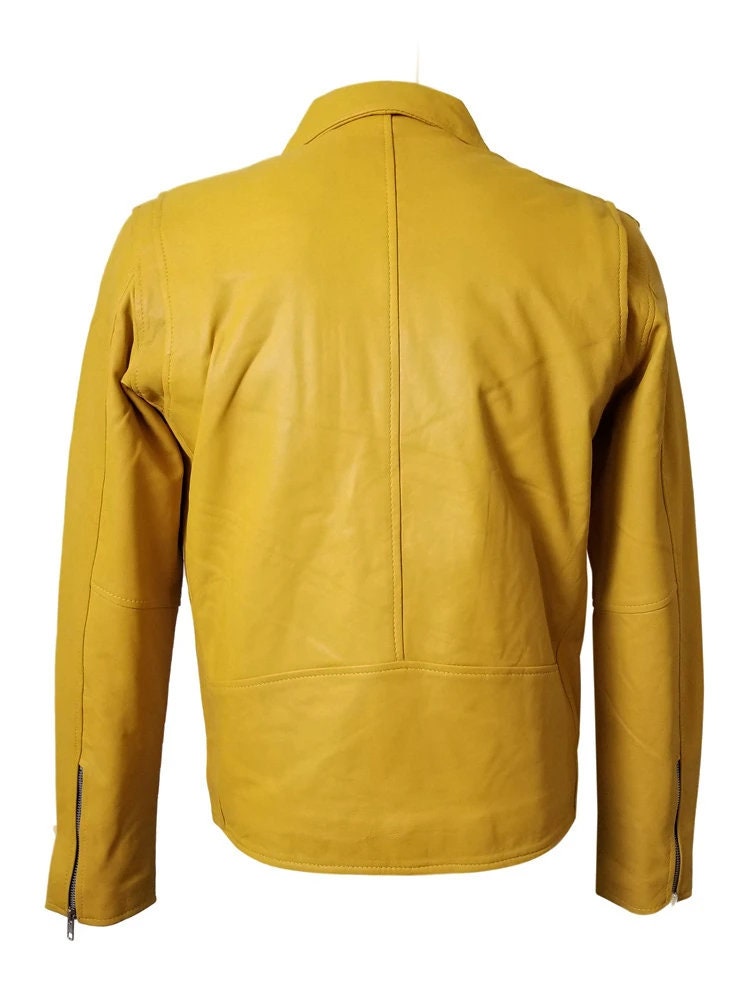 Handmade  Olson's Yellow Biker Style Leather Jacket With Waist Belt