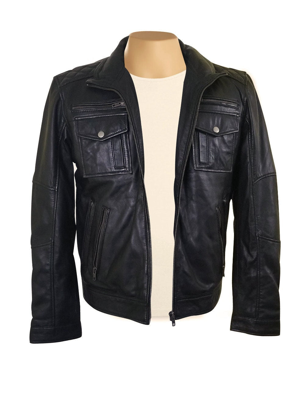 Handmade Benson Zip Up Leather Jacket With Flap Pockets
