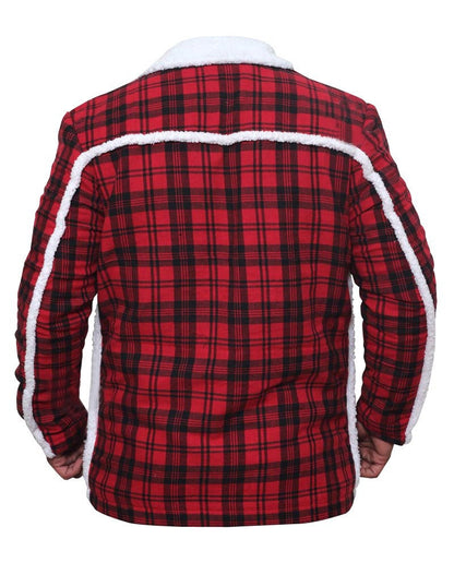 Handmade  Ryan Reynold's Red And Black Checkered Jacket With Faux Shearling