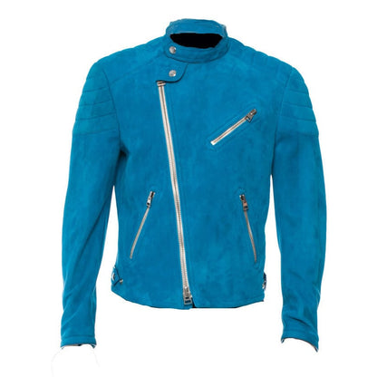 Handmade Blue Suede Jacket With Snap Collar