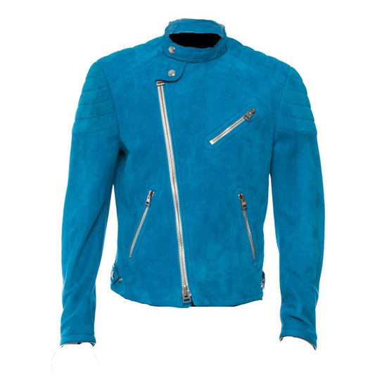 Handmade Blue Suede Jacket With Snap Collar