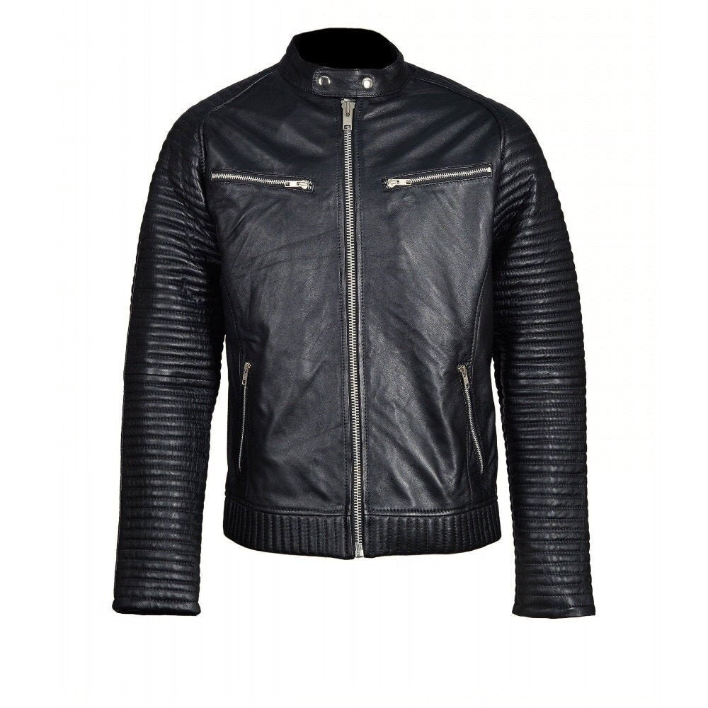 Handmade Haworths Moto Style Leather Jacket With Patterned Sleeves