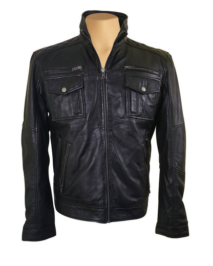 Handmade Benson Zip Up Leather Jacket With Flap Pockets