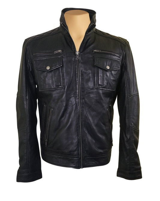 Handmade Benson Zip Up Leather Jacket With Flap Pockets