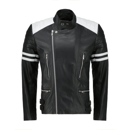 Rodger's White And Black Biker Style Leather Jacket Handcrafted by Ox and Bulls