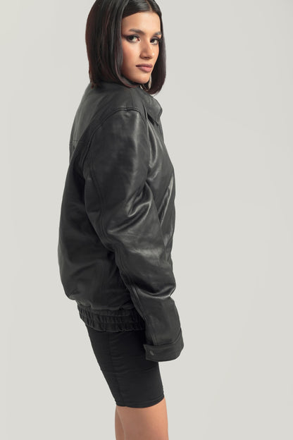 Oversized Baggy Women's Black Classic Bikers Jacket for Women's Retro Bomber Leather Jacket Handcrafted & Designed by Ox and Bulls