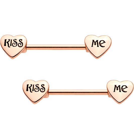 Rose Gold Tone Anodized Kiss Me Barbell Nipple Ring Set