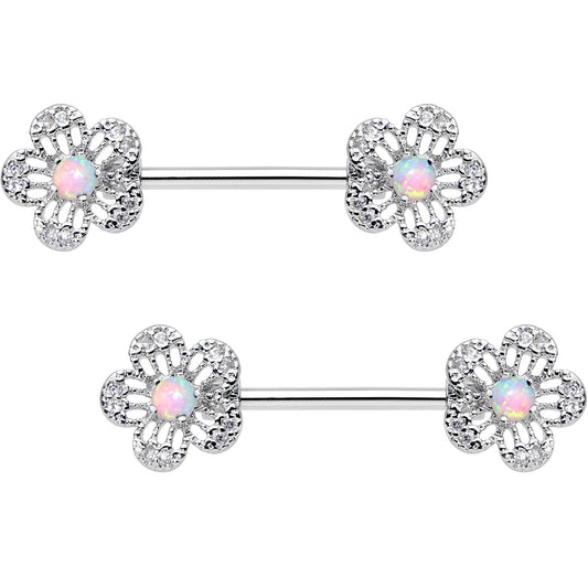 White Synthetic Opal Frozen Flower Barbell Nipple Ring Set