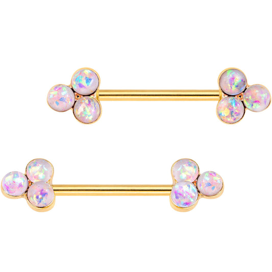 White Faux Opal Gold Tone Plated Triple Circle Barbell Nipple Ring Set