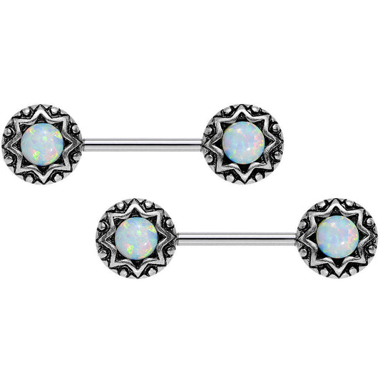 14G 5/8 White Synthetic Opal Lotus Flower Nipple Barbell Set